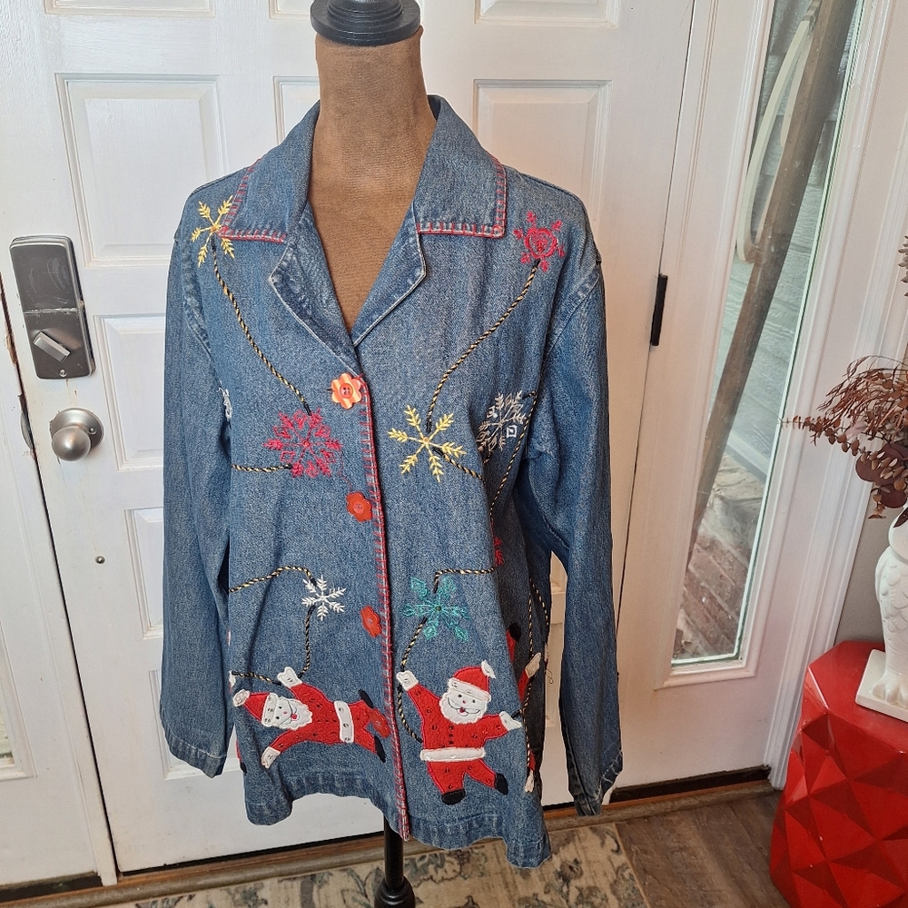 Vtg Carrie Allen Cotton Christmas Jacket Santa, Size S